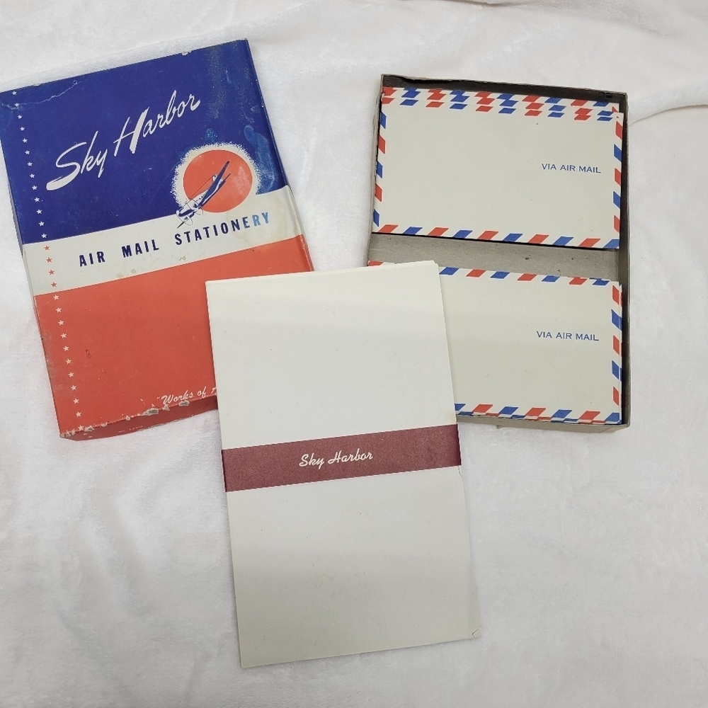 Vintage Sky Harbor Air Mail Stationery Set MCM Aviation Writing Paper & Envelope